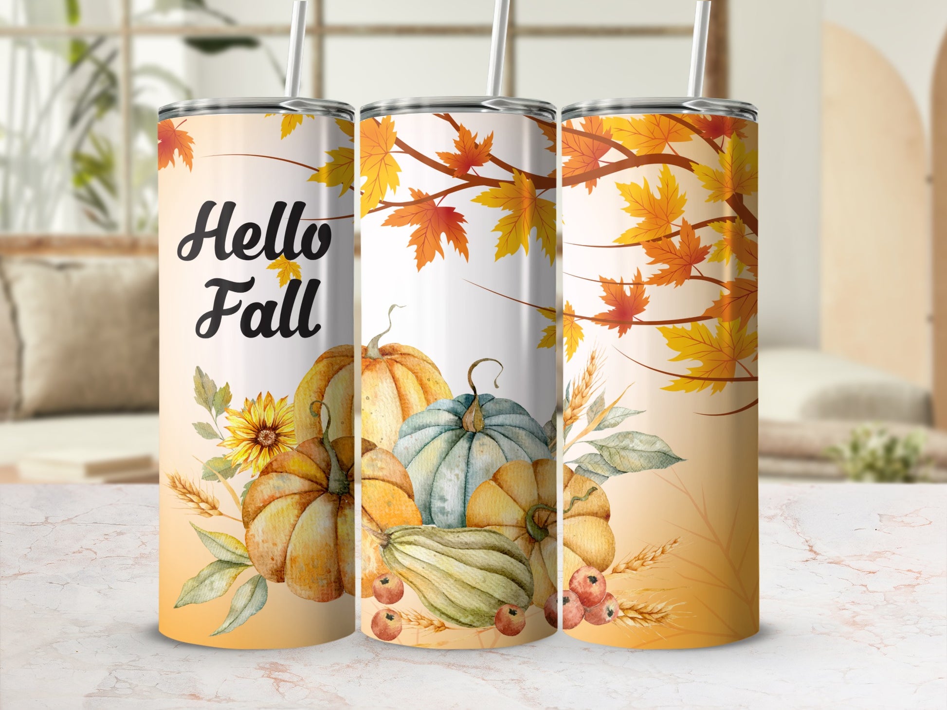 Autumn Pumpkin and Leaves Design Tumbler with Straw