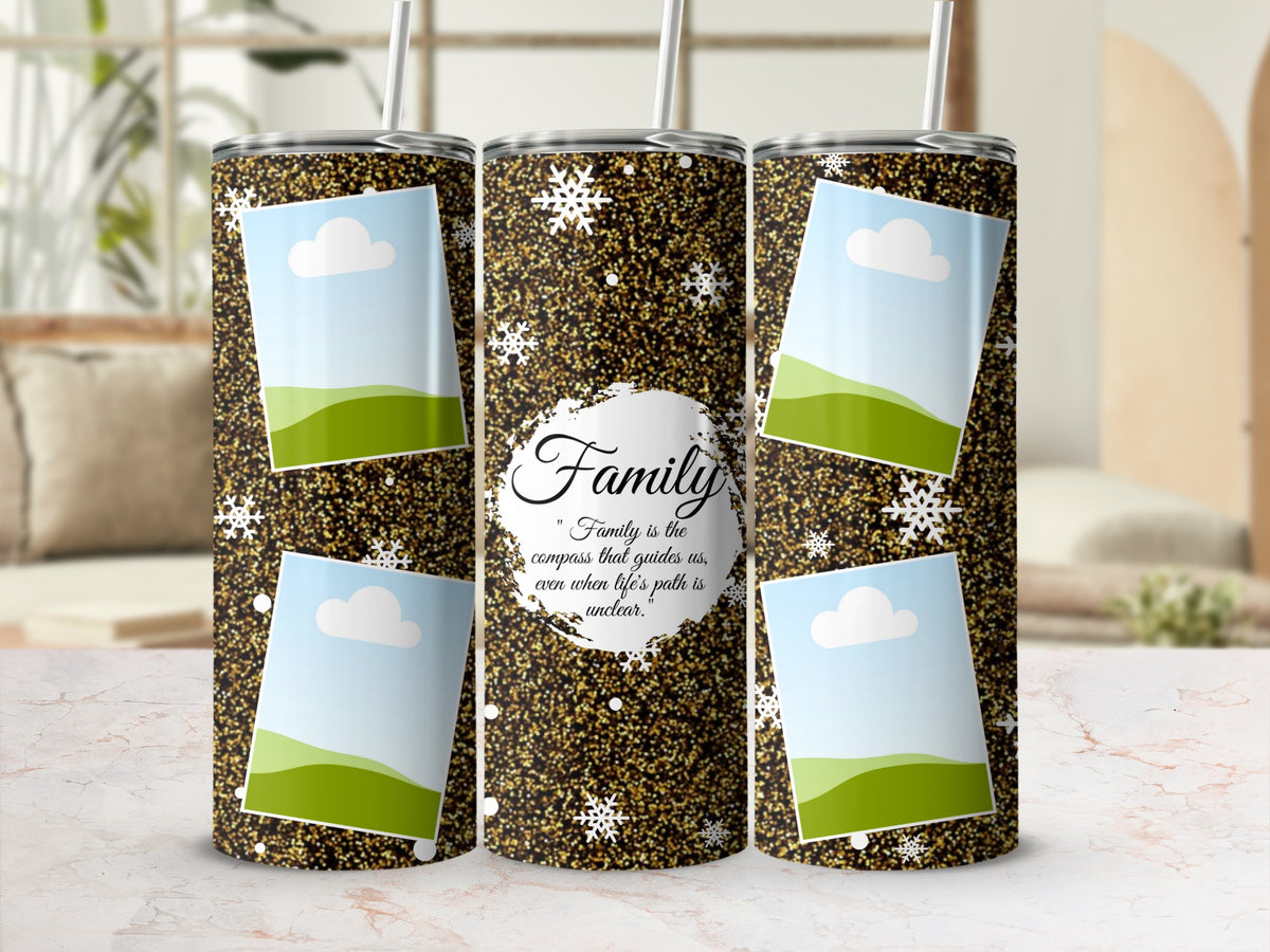 Sparkling gold tumbler with snowflakes and quote "Family is the compass".