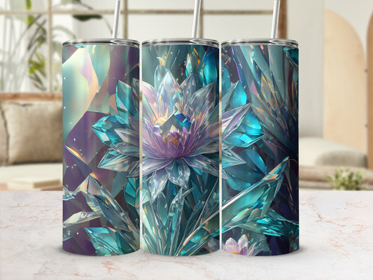 Tumbler with iridescent crystal lotus floral design.