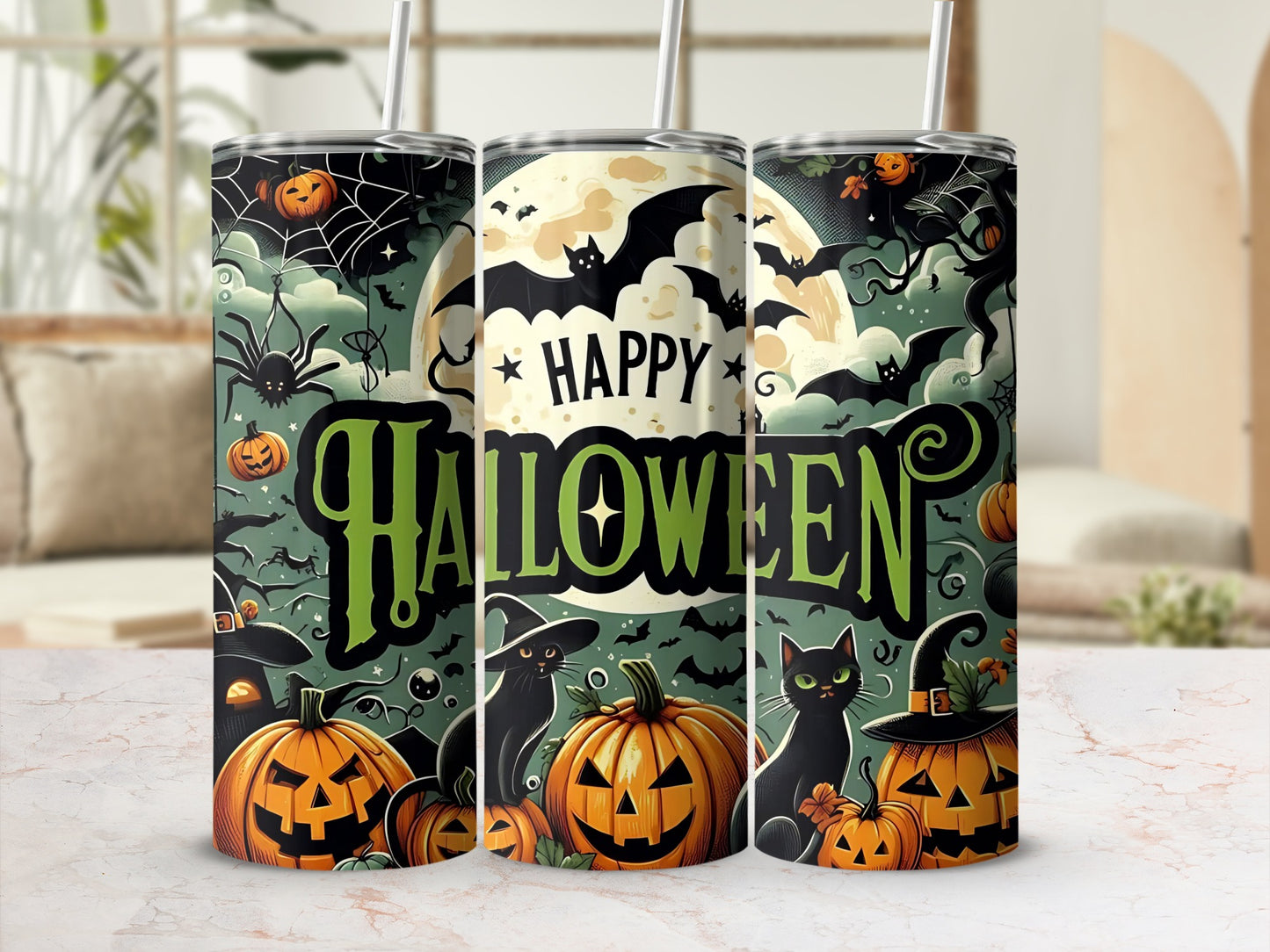 Halloween tumblers featuring pumpkins, bats, black cats, and "Happy Halloween" text.