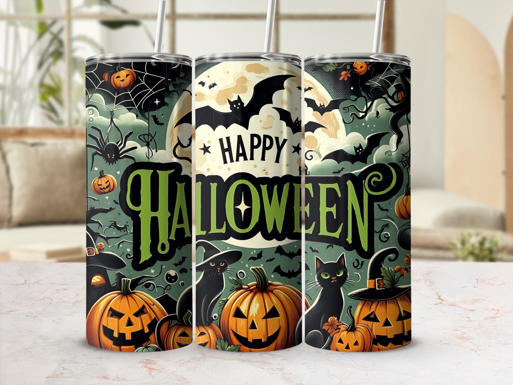 Halloween tumblers featuring pumpkins, bats, black cats, and "Happy Halloween" text.