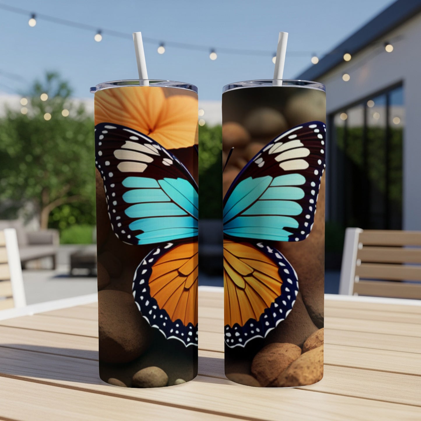 Two tall tumblers featuring a colorful butterfly design.