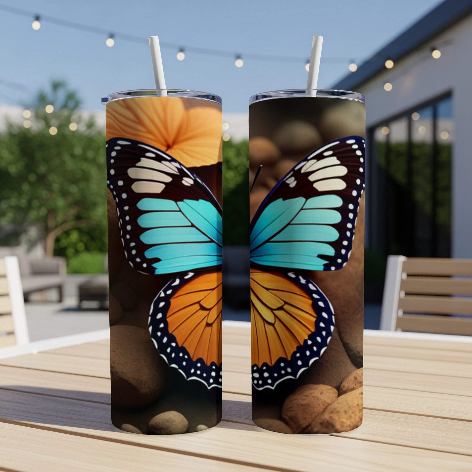 Two tall tumblers featuring a colorful butterfly design.