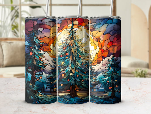 Three tumblers with stained glass-style Christmas trees and sunset background.