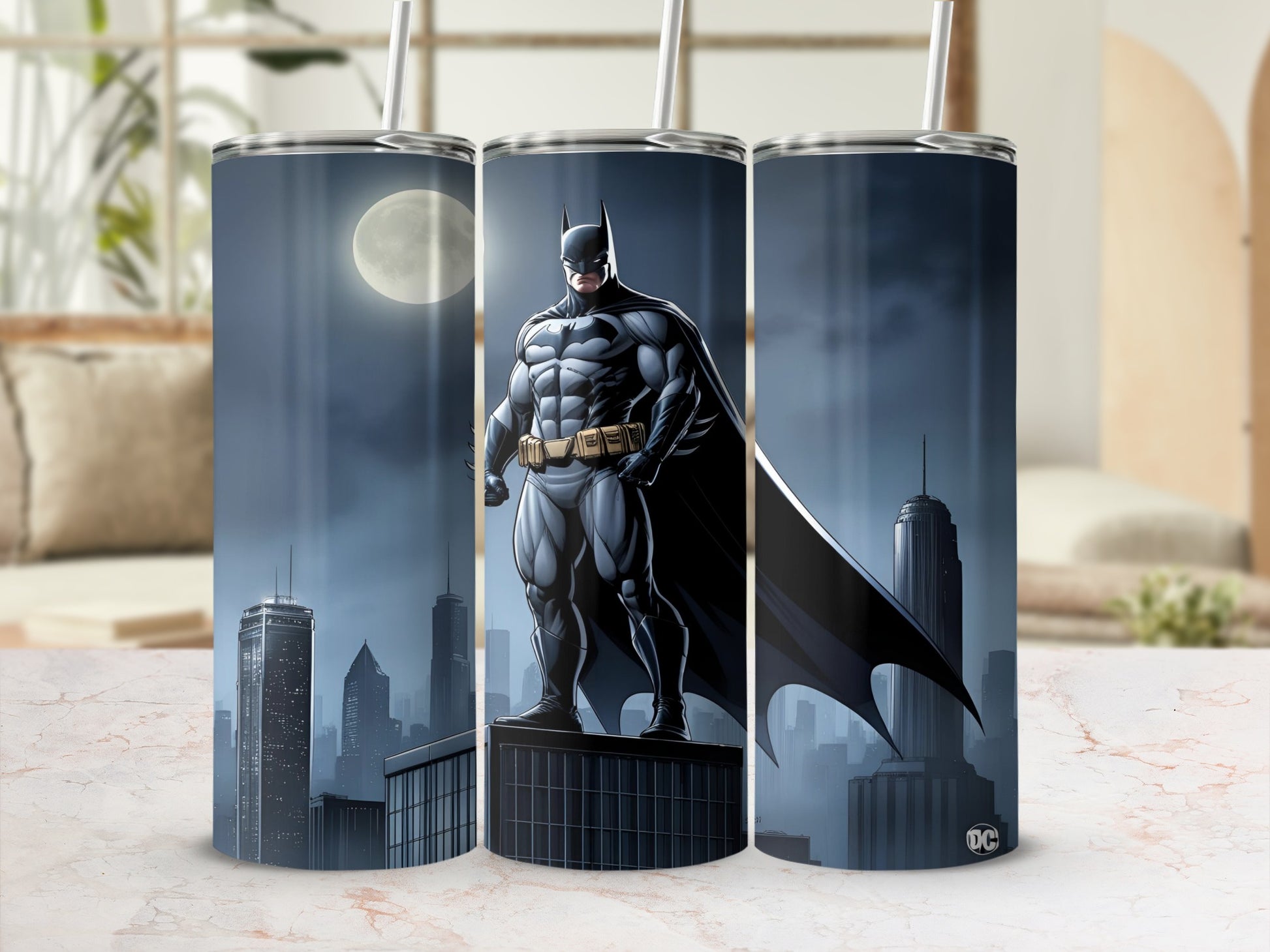 Batman standing atop a building at night with a city skyline.