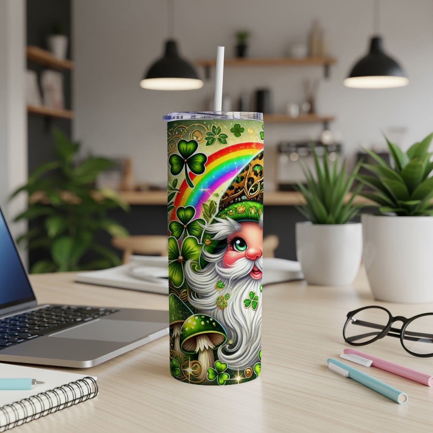 St. Patrick's Day tumbler with gnome, shamrocks, mushrooms, and rainbow.