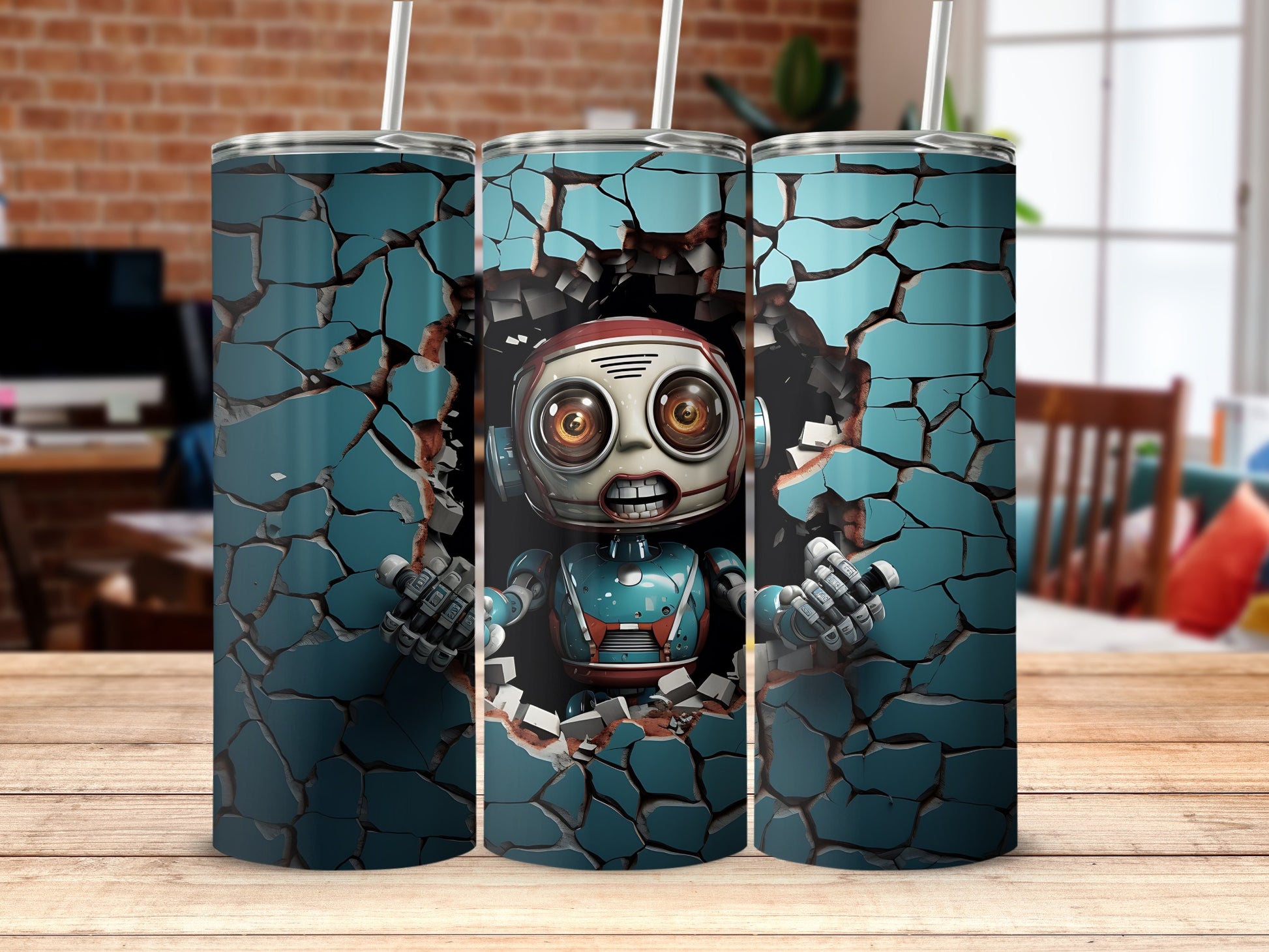 Robot Breaking Through Brick Wall Design Tumbler