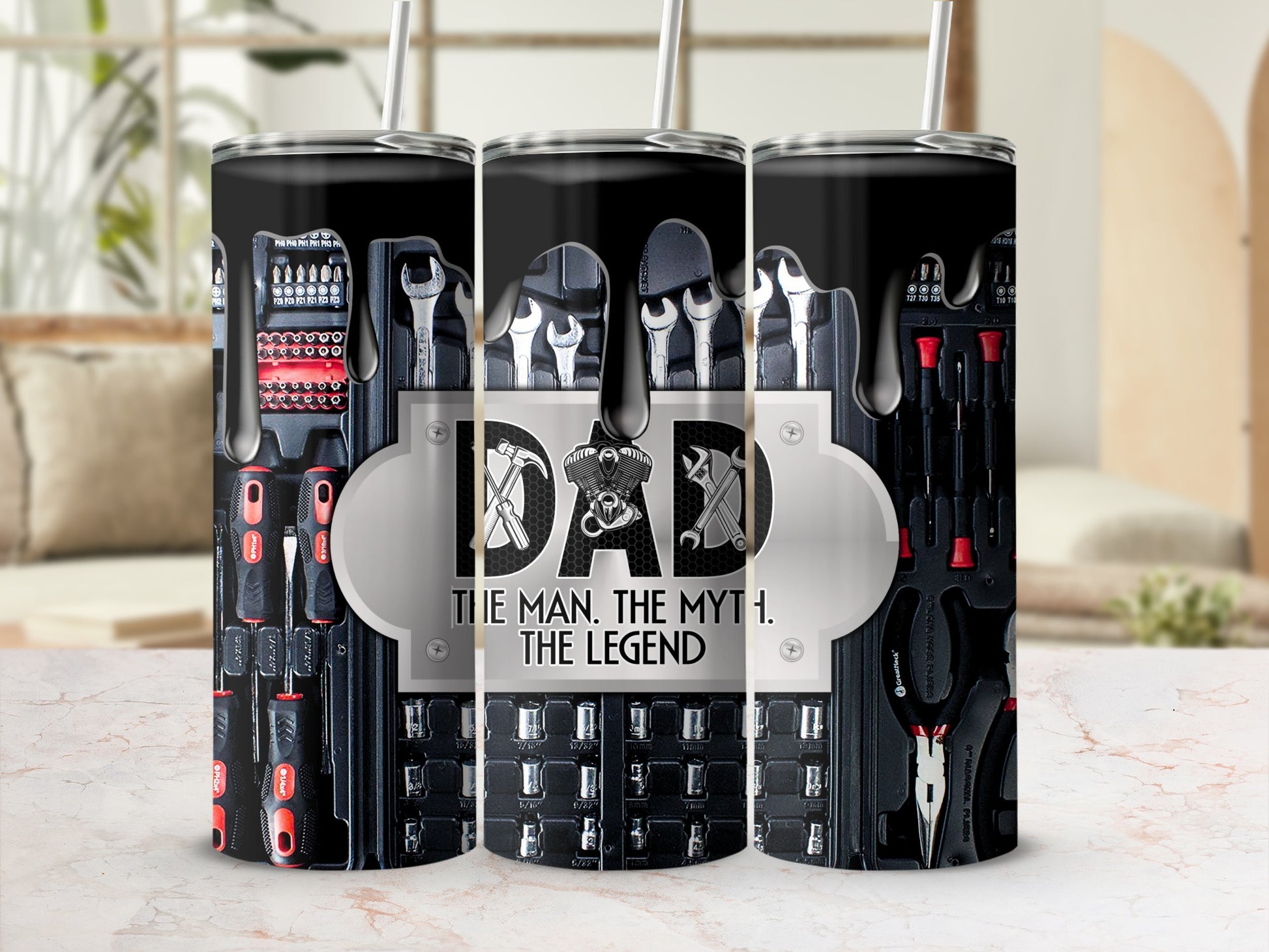 Tumbler with "Dad, The Man, The Myth, The Legend" and tool graphics.
