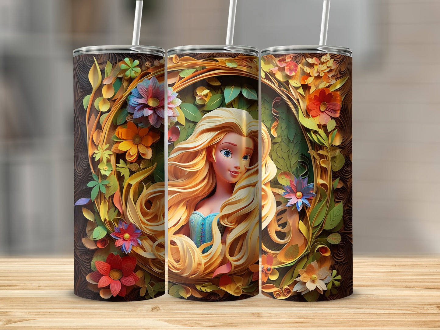 Vibrant floral tumbler with colorful character art