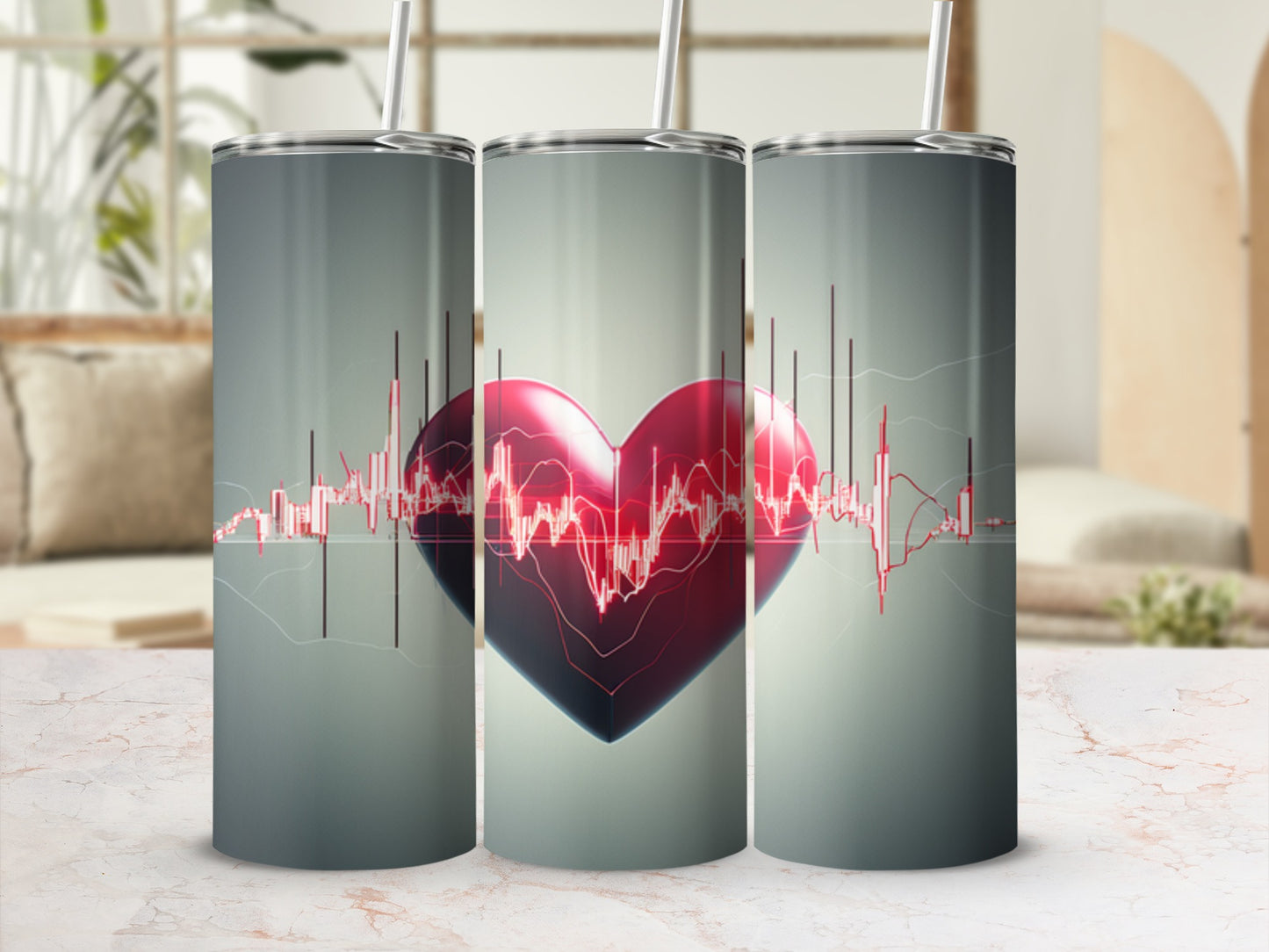 Three tumblers display a red heart and an EKG line graphic.