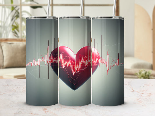 Three tumblers display a red heart and an EKG line graphic.