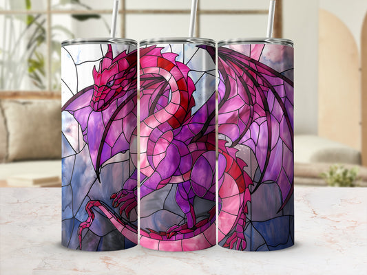 Dragon stained glass pattern on three tumblers with straws.