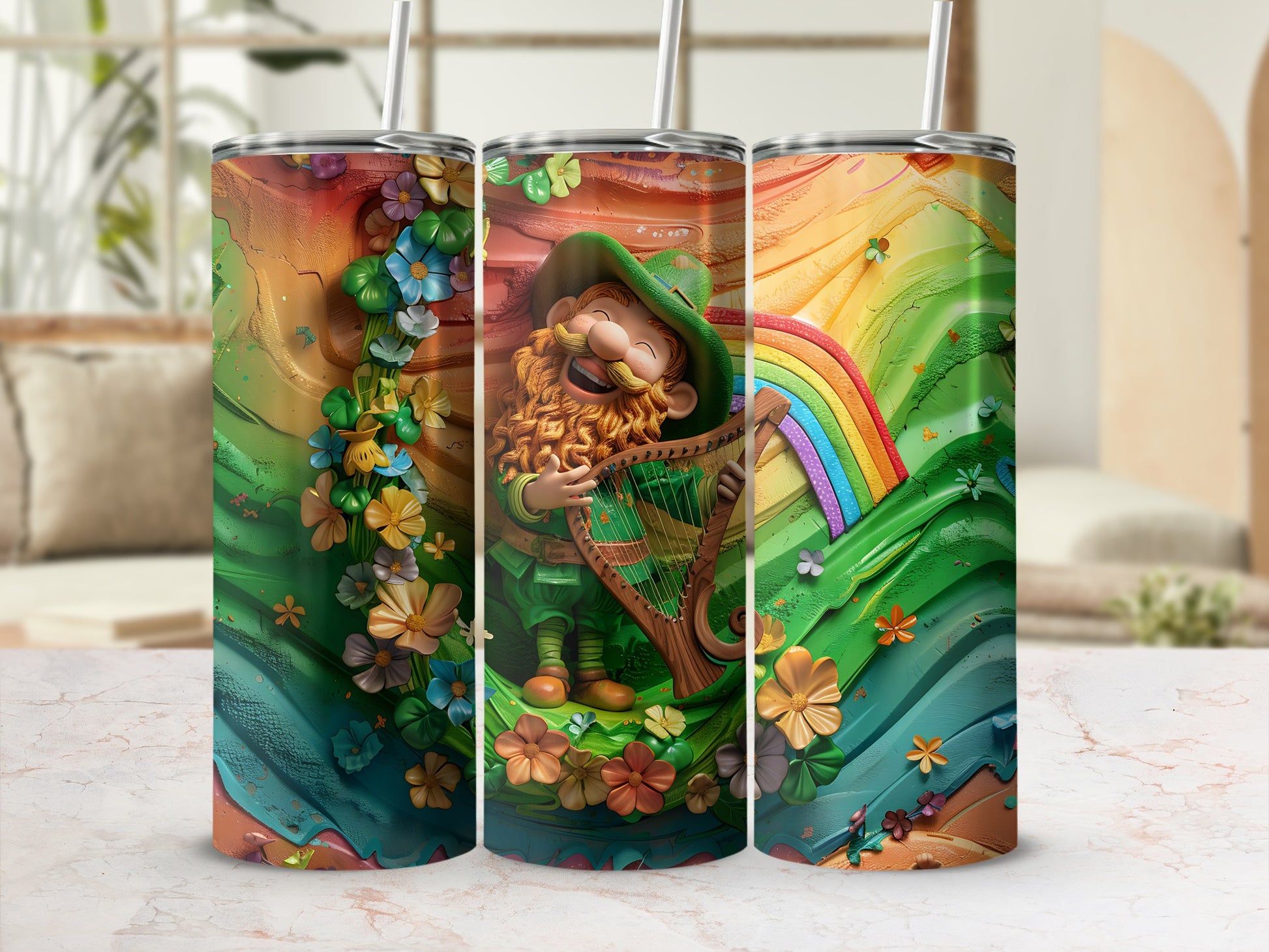 Leprechaun playing a harp with rainbow and flowers, on a tumbler.