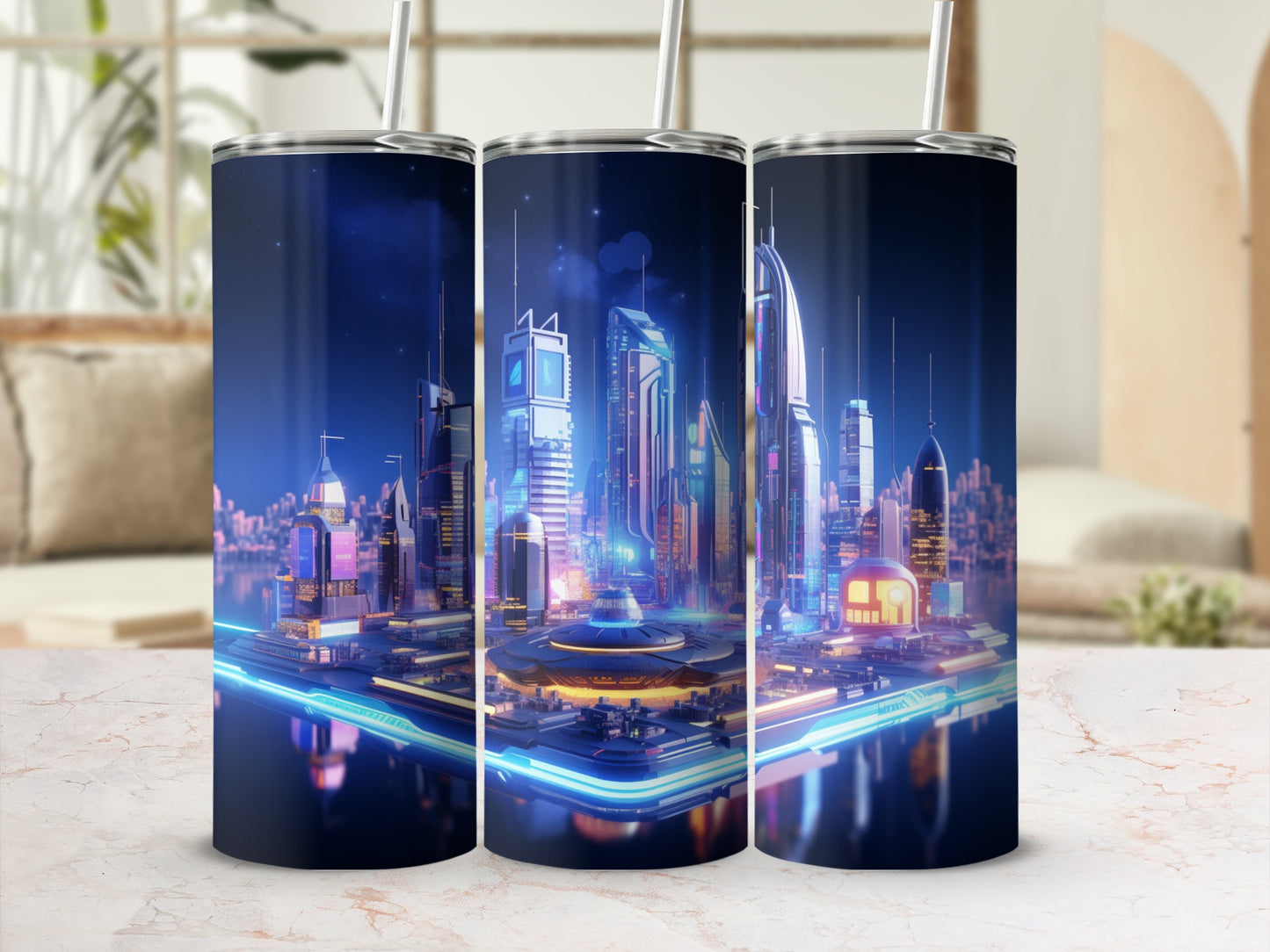 Colorful Futuristic Cityscape Design Travel Tumbler