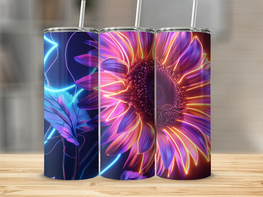 Three tumblers with neon sunflower and leaf designs.