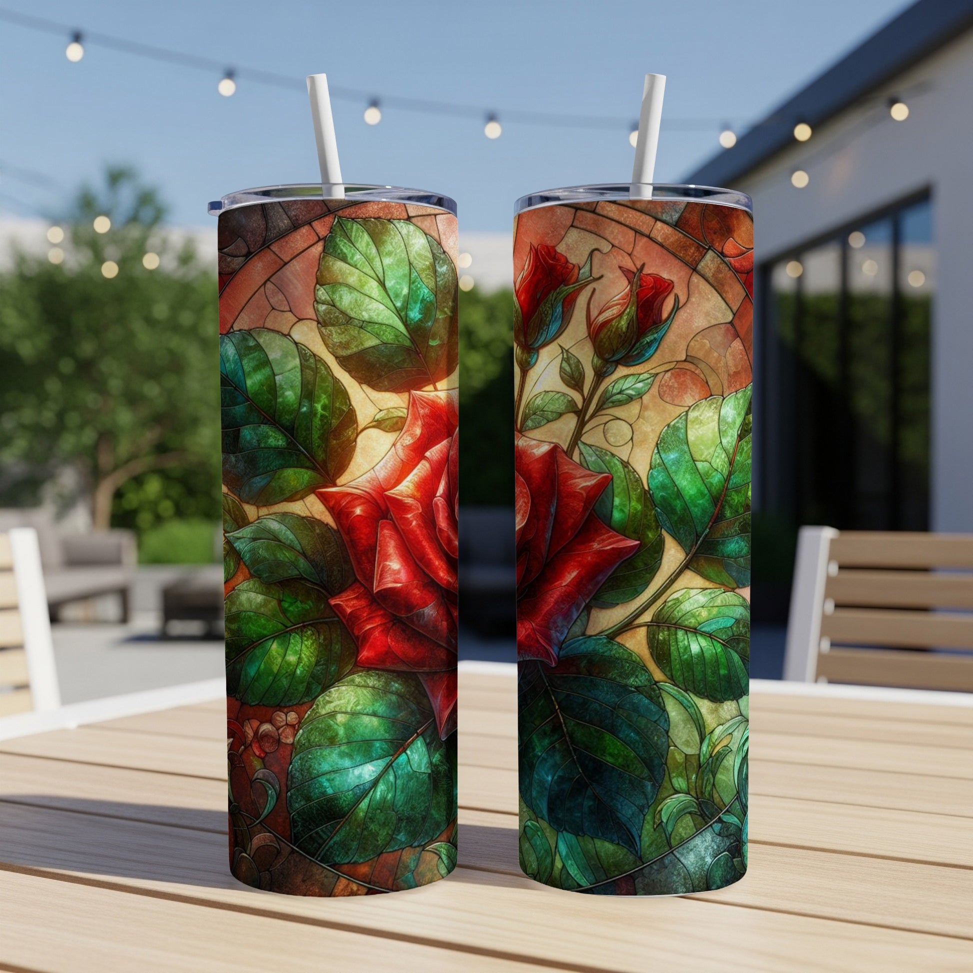 Two stained glass tumblers featuring red roses and green leaves.