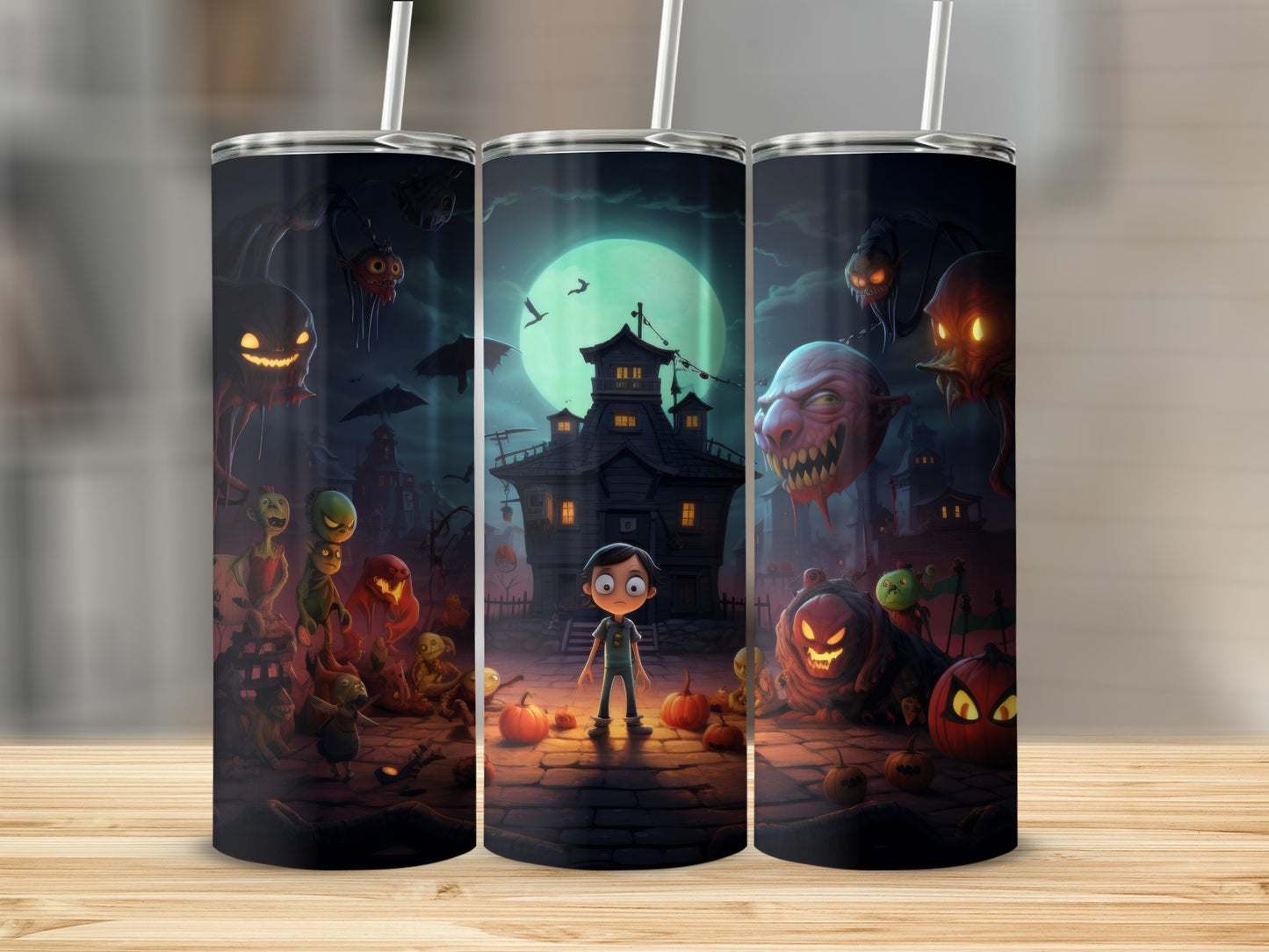 Halloween tumbler with cartoon ghosts, monsters, pumpkins, and a haunted house.