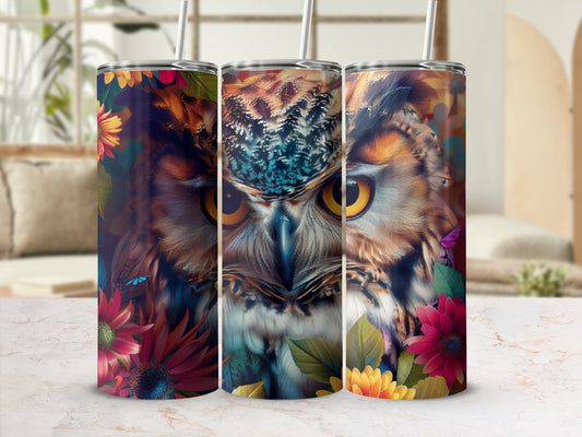 Three tumblers featuring a close-up portrait of an owl surrounded by colorful flowers.