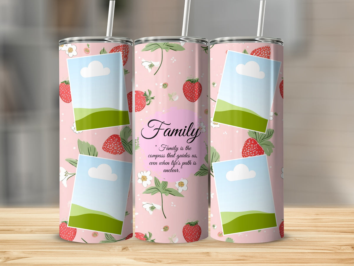 Three tumblers with strawberry pattern and quote about family.