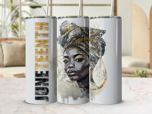 Tumbler with June text and portrait of a woman wearing a headwrap.