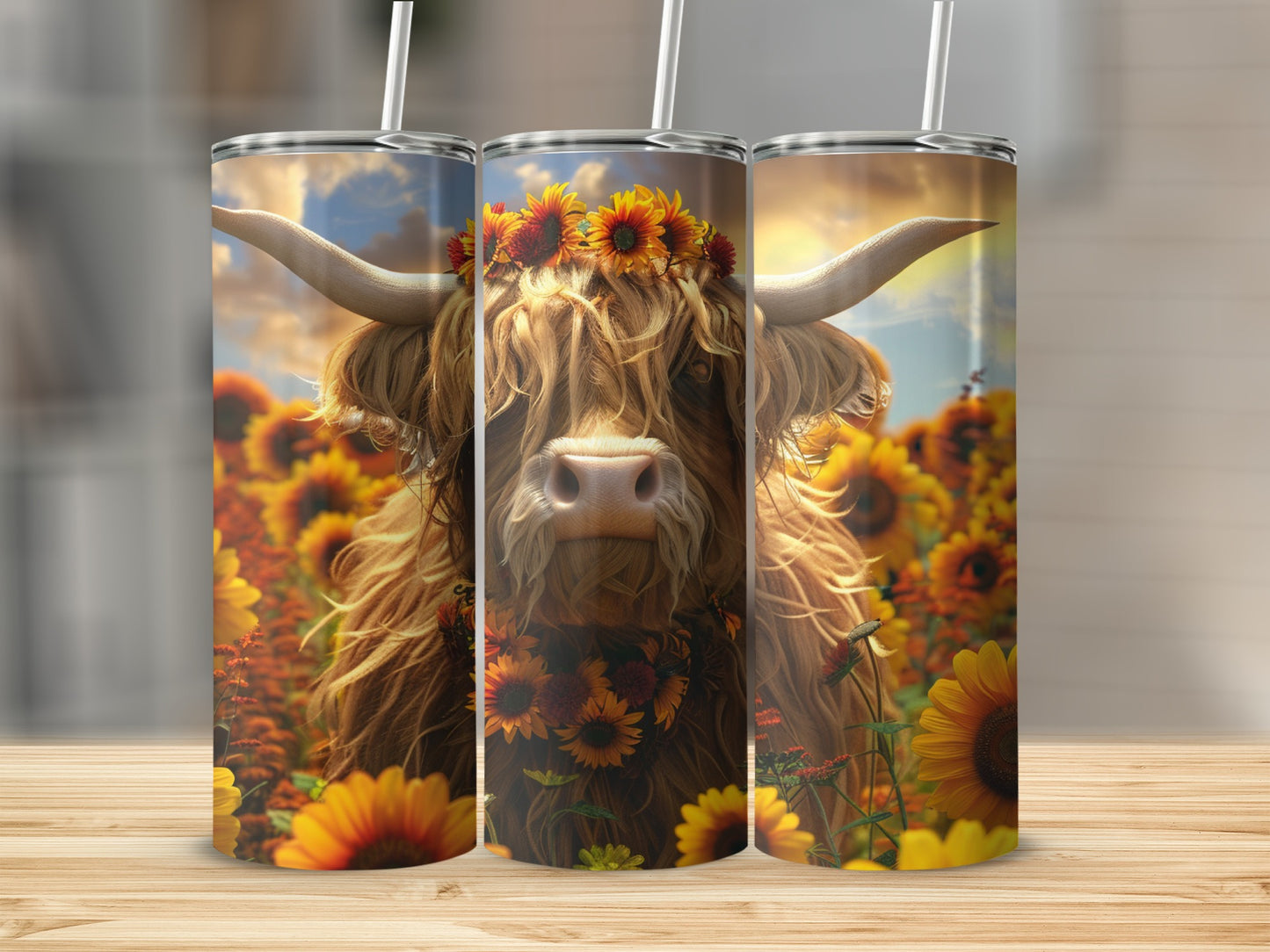 Highland cow with sunflower crown in a field of sunflowers.