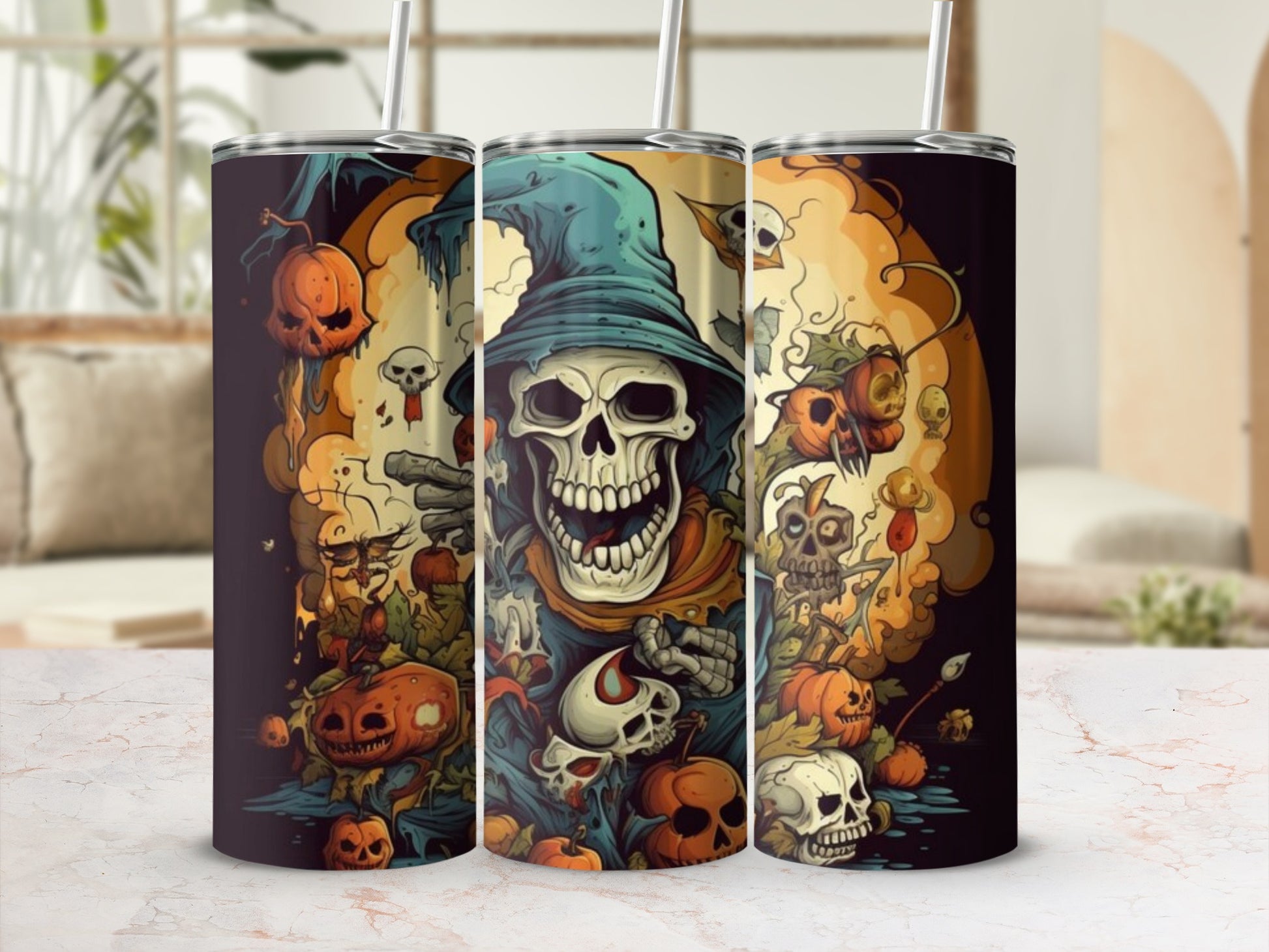 Halloween tumbler with grim reaper, skulls, and pumpkins illustration.