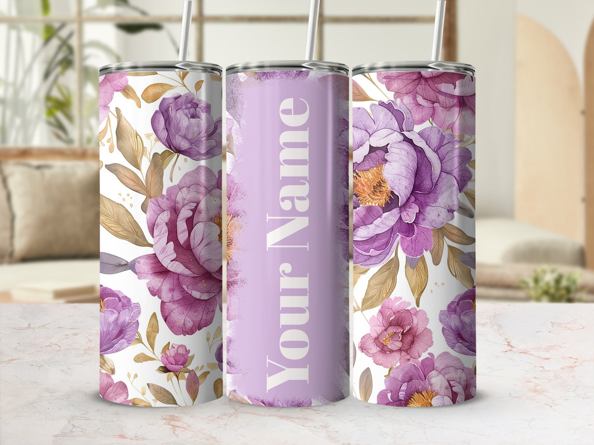 Custom Name Purple Floral Design Tumbler