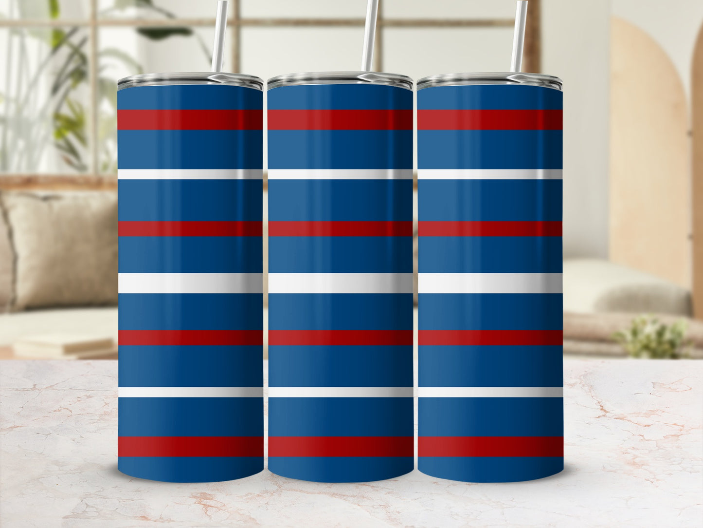 Three tumblers with red, white, and blue horizontal stripes.