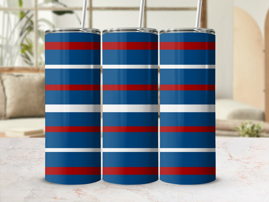 Three tumblers with red, white, and blue horizontal stripes.