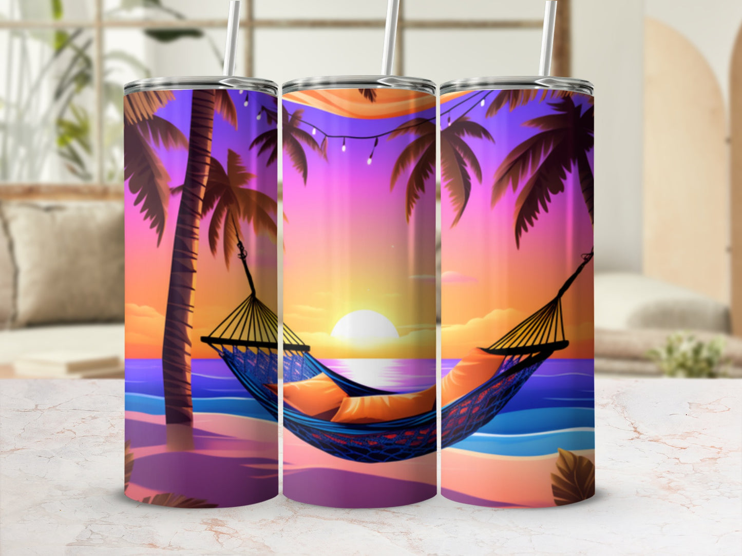 Beach sunset with hammock and palm trees.