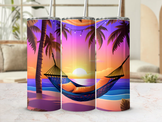 Beach sunset with hammock and palm trees.