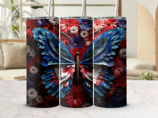Red, white, and blue butterfly tumbler with floral background.