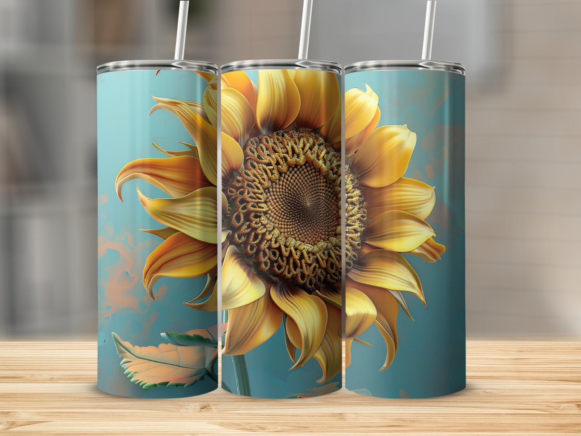 Three tumblers featuring a large, detailed sunflower on a teal background.