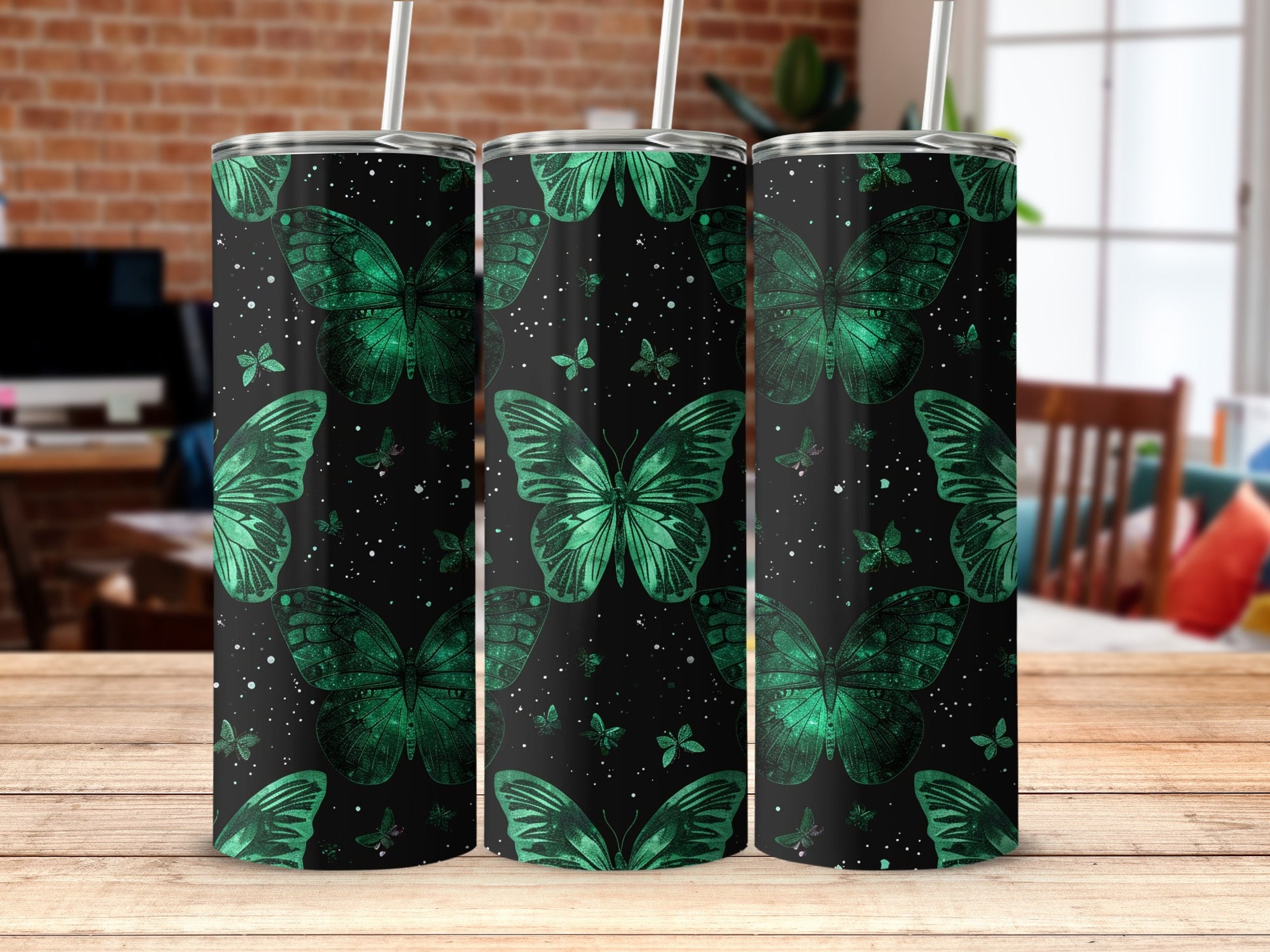 Sparkling Green Butterfly Black Galaxy Tumbler product type