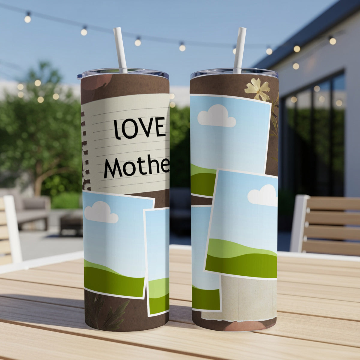 Two tumblers with a collage of photos and text "LOVE Mother" on a table.