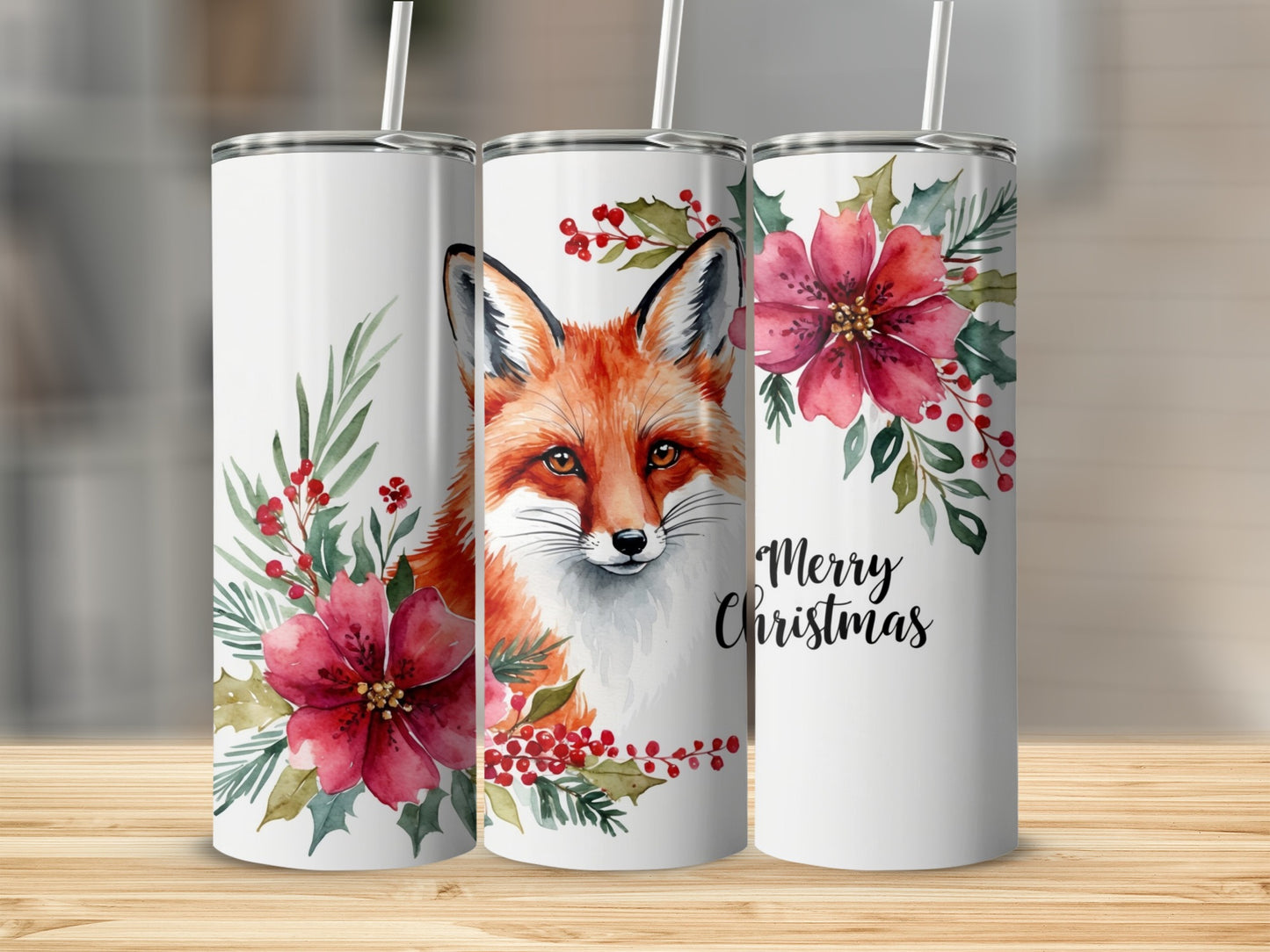 White tumbler with a fox and red poinsettias, "Merry Christmas" text.