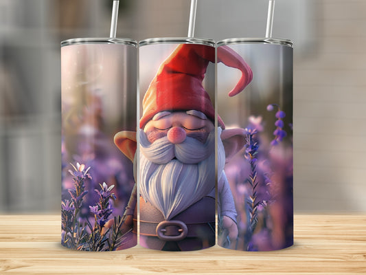 Gnome with closed eyes wearing a red hat and white beard, surrounded by lavender.