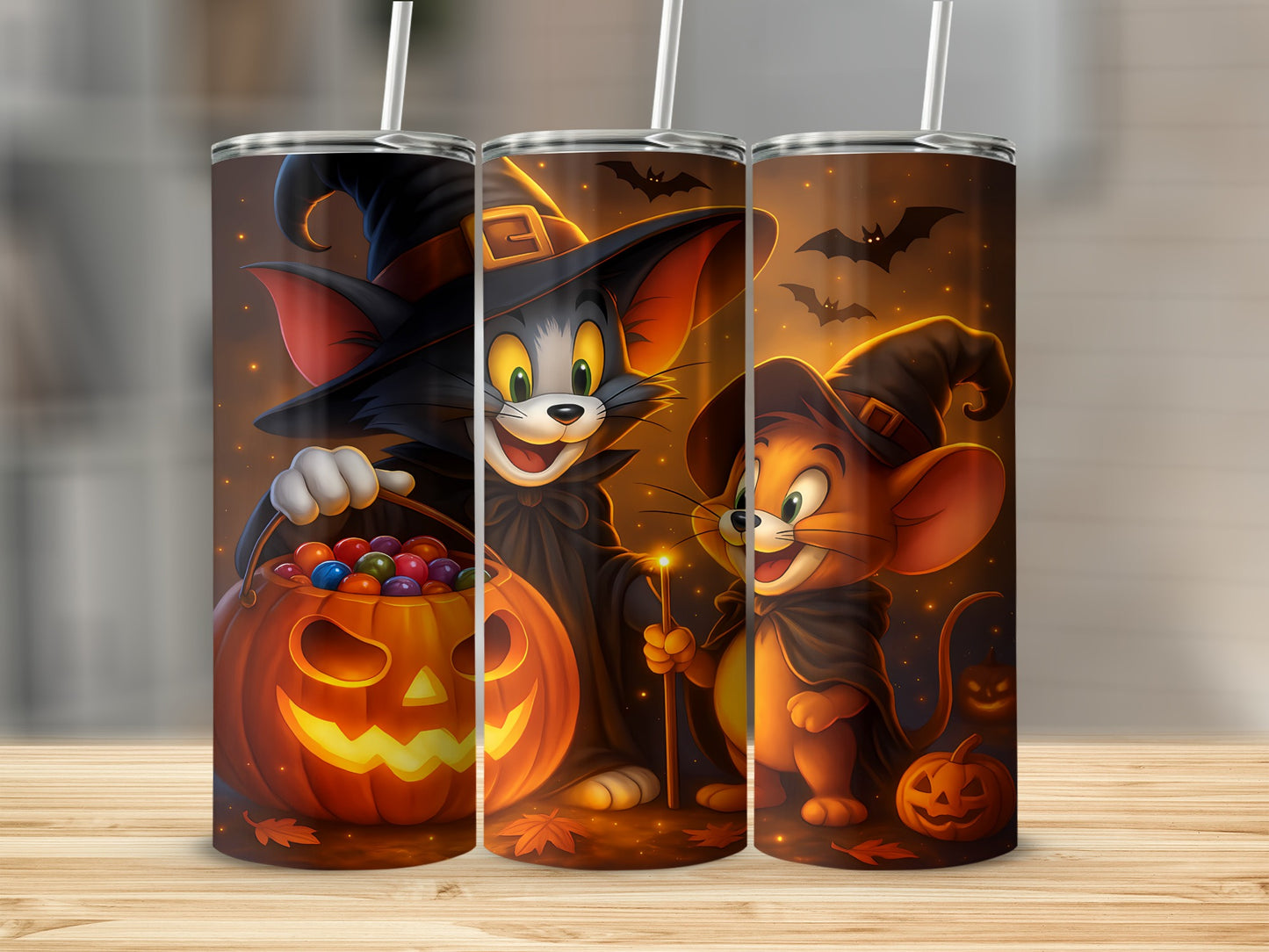 Tom and Jerry in Halloween costumes holding a candy-filled pumpkin and a wand.