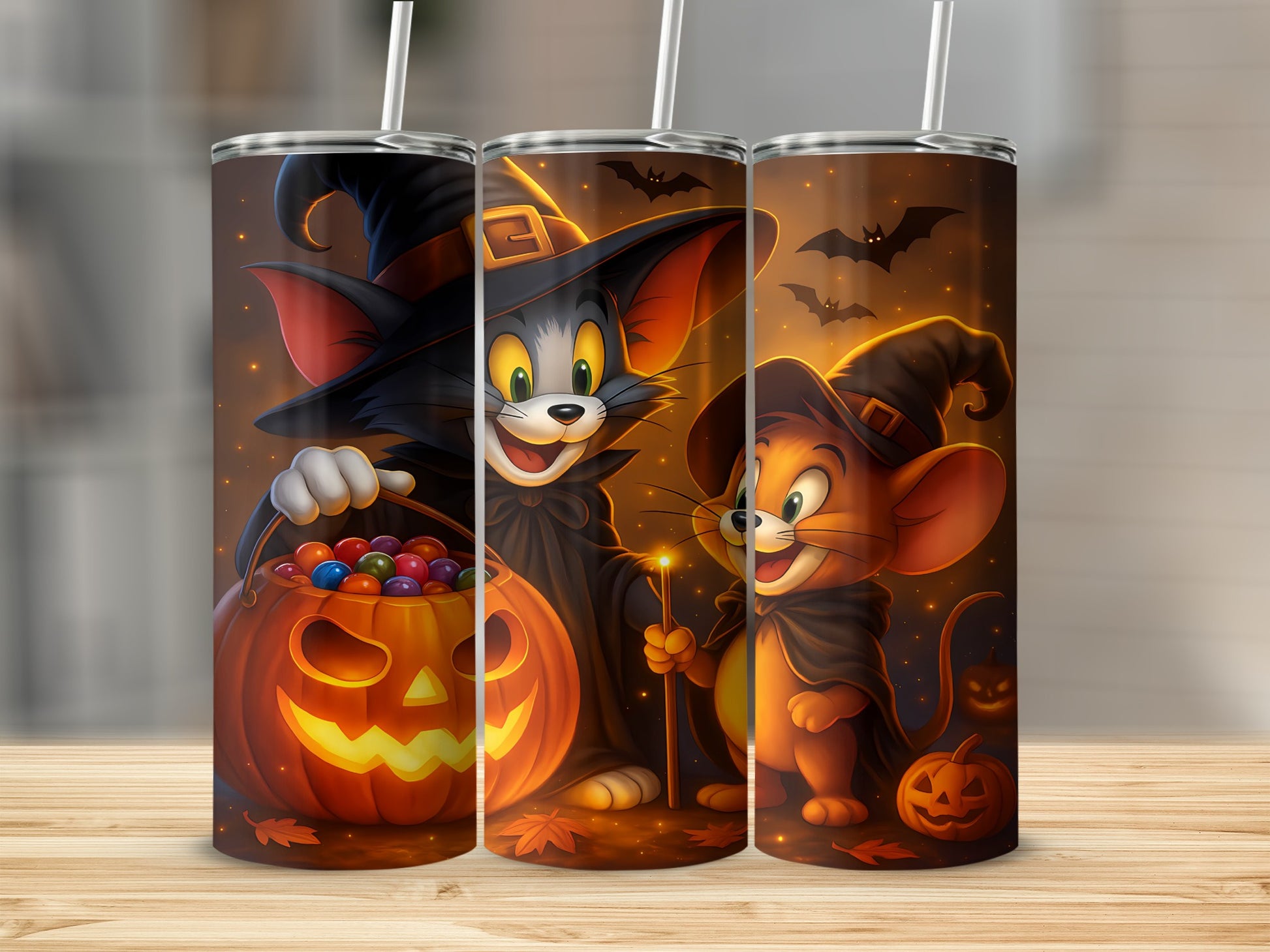Tom and Jerry in Halloween costumes holding a candy-filled pumpkin and a wand.