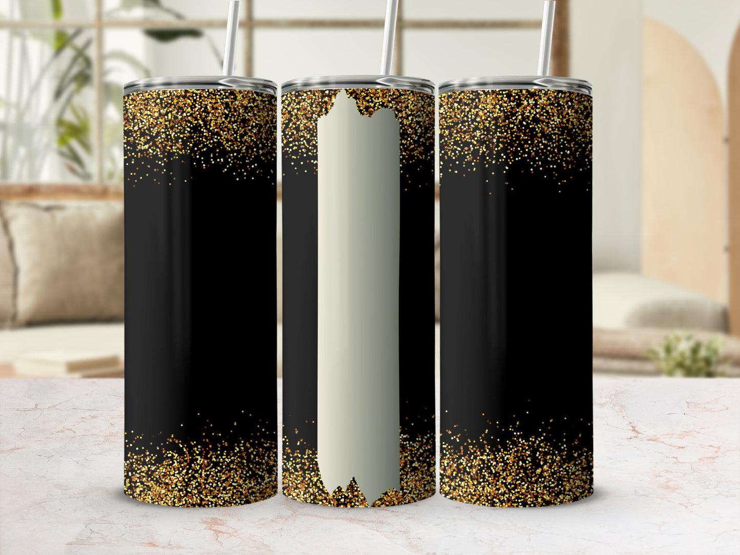 Black tumbler with gold glitter gradient and white vertical stripe.