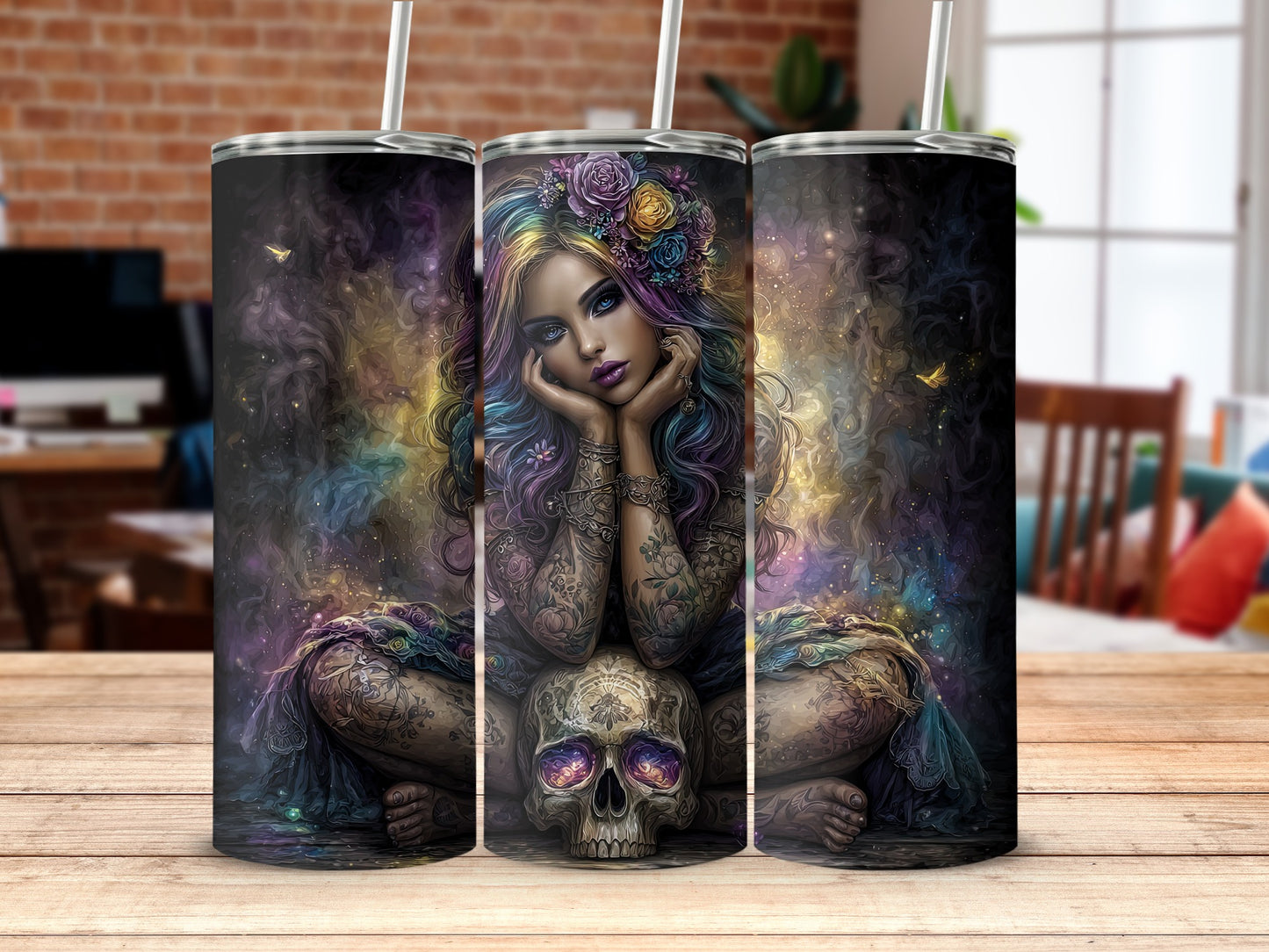 Colorful Fantasy Skull Art Printed Tumbler Design