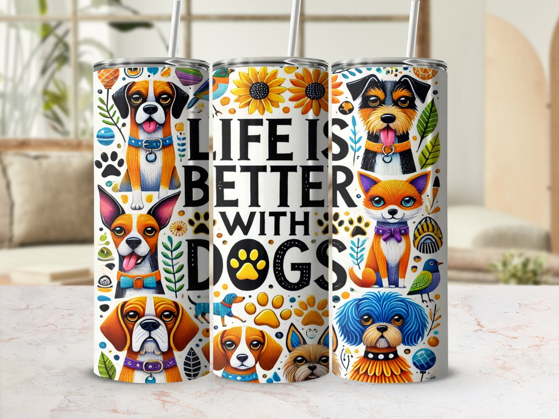 Life is Better With Dogs Colorful Pet Illustration Tumbler