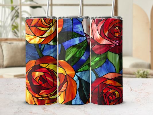 Three stained glass tumblers featuring vibrant red and orange roses.