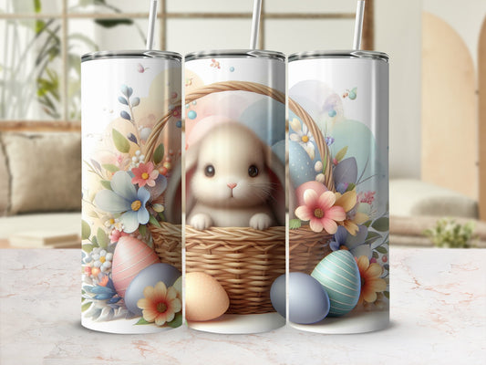 Easter bunny in a basket with decorated eggs and floral accents.