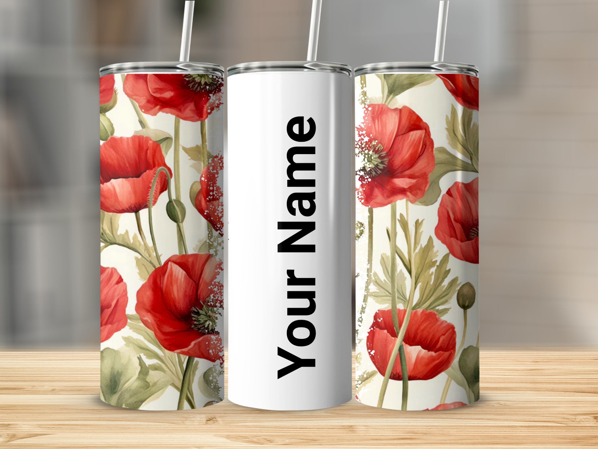 Personalized Red Poppy Floral Print Tumbler with Straw