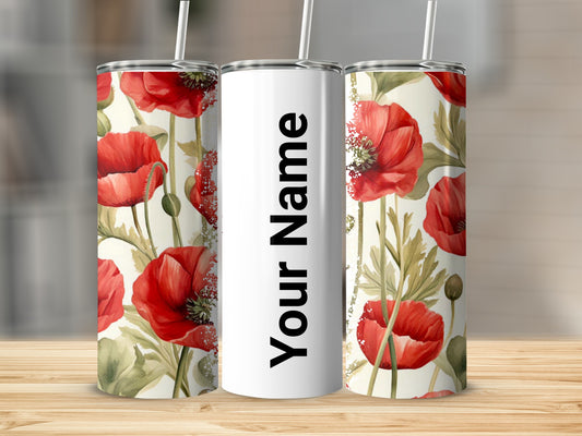 Personalized Red Poppy Floral Print Tumbler with Straw