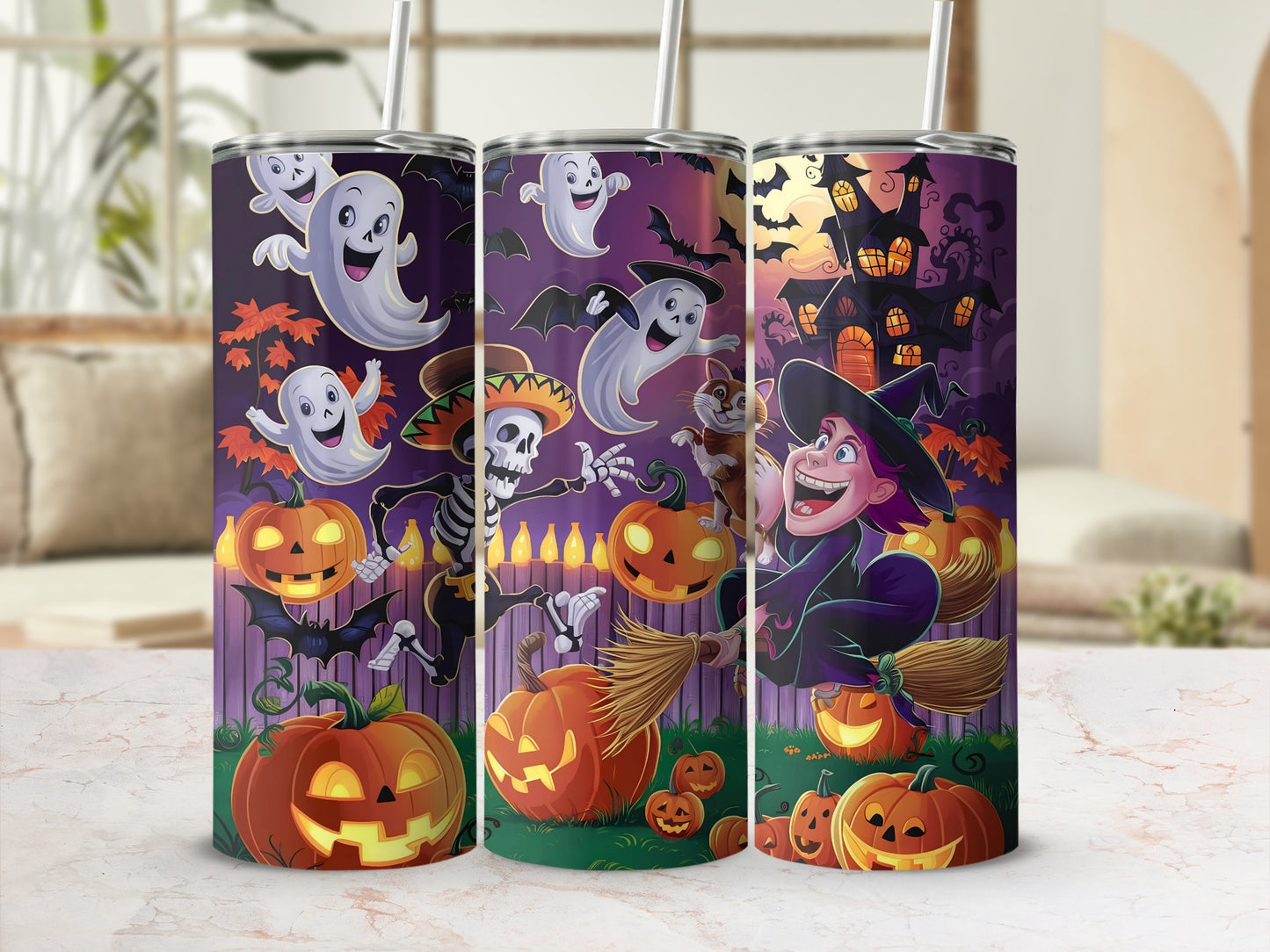 Halloween themed tumblers with ghosts, skeleton, witch, and pumpkins.