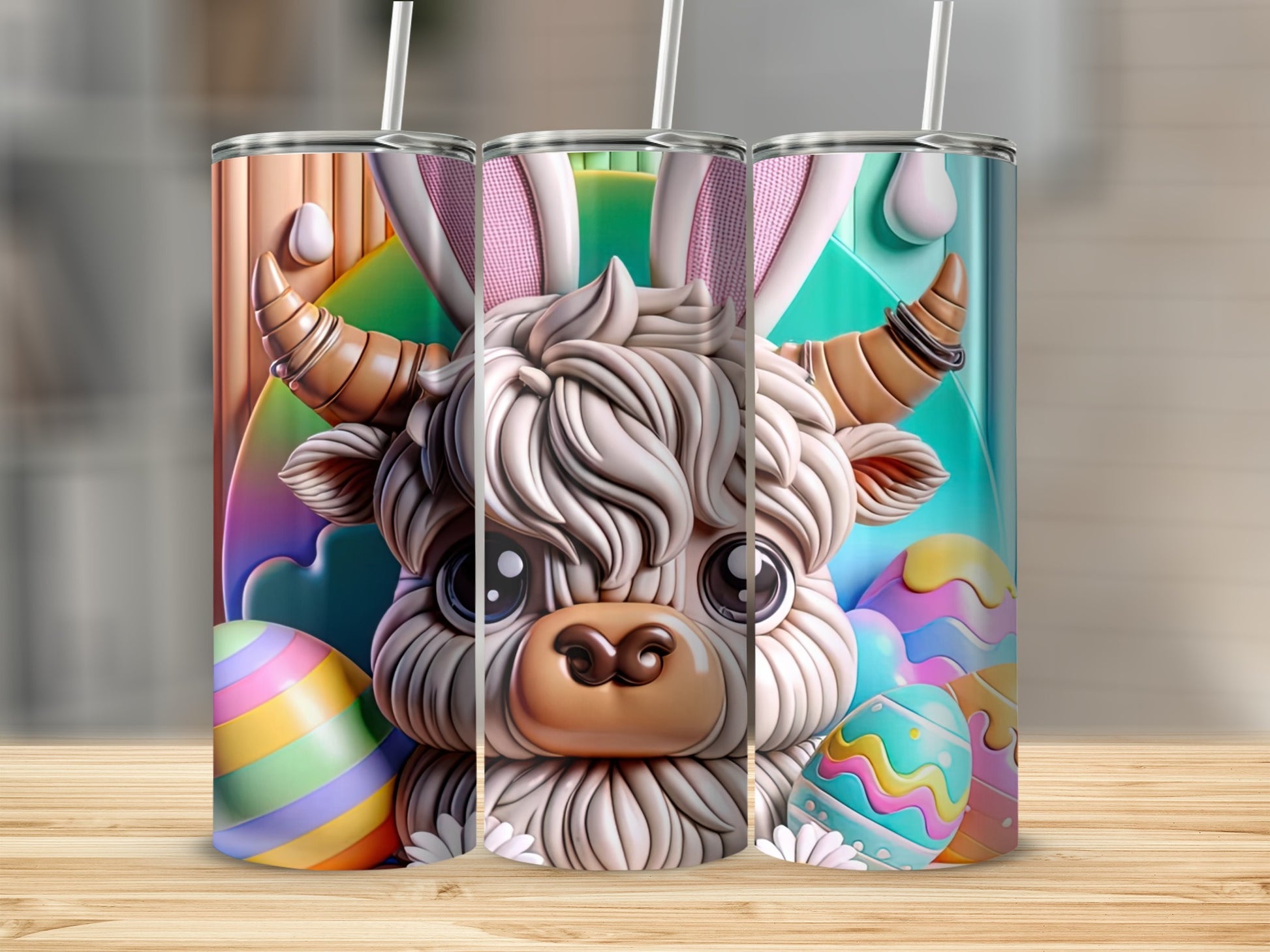Highland cow with Easter bunny ears and colorful eggs, on a tumbler.