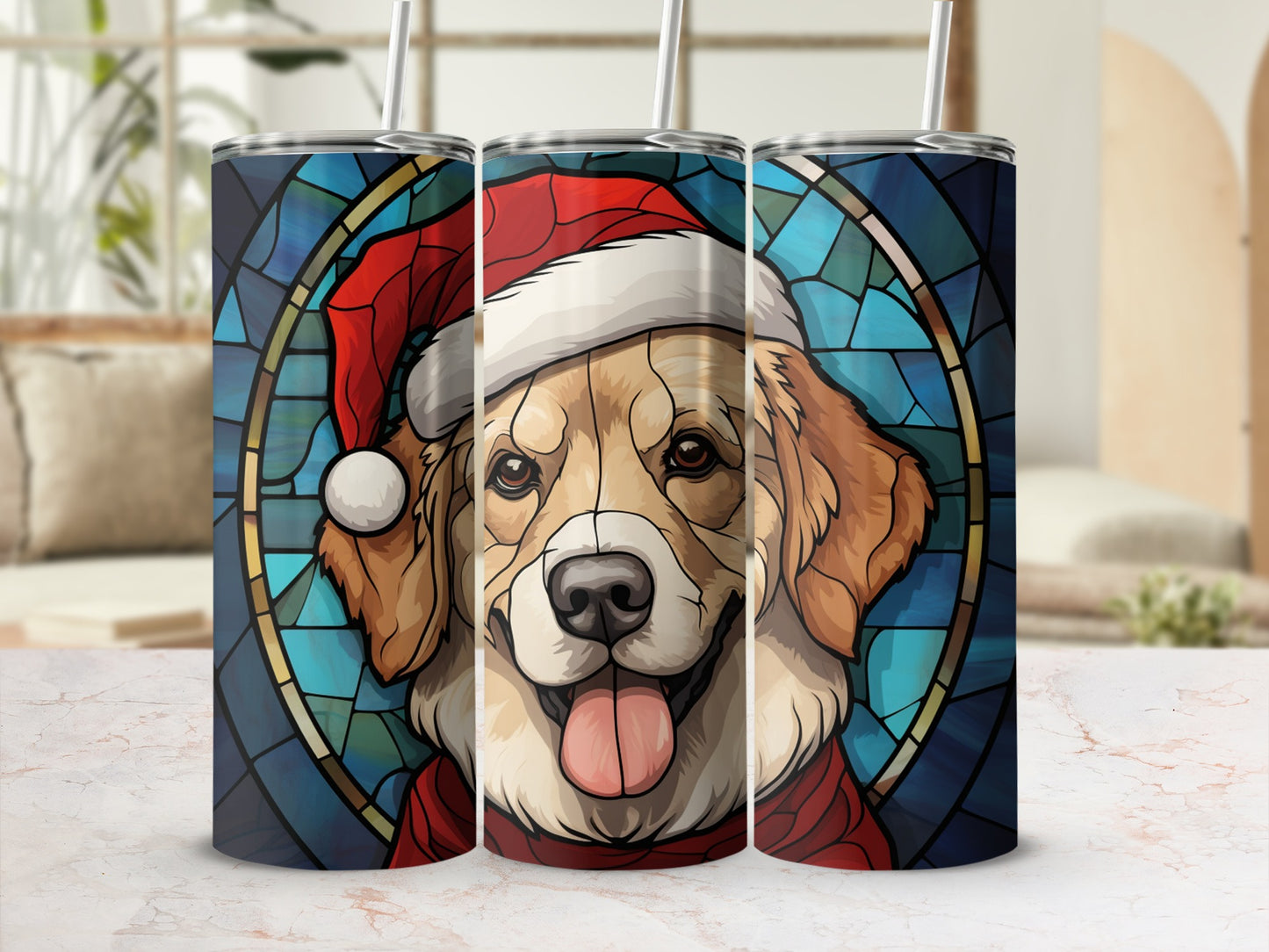 Golden retriever dog wearing Santa hat against stained glass background.