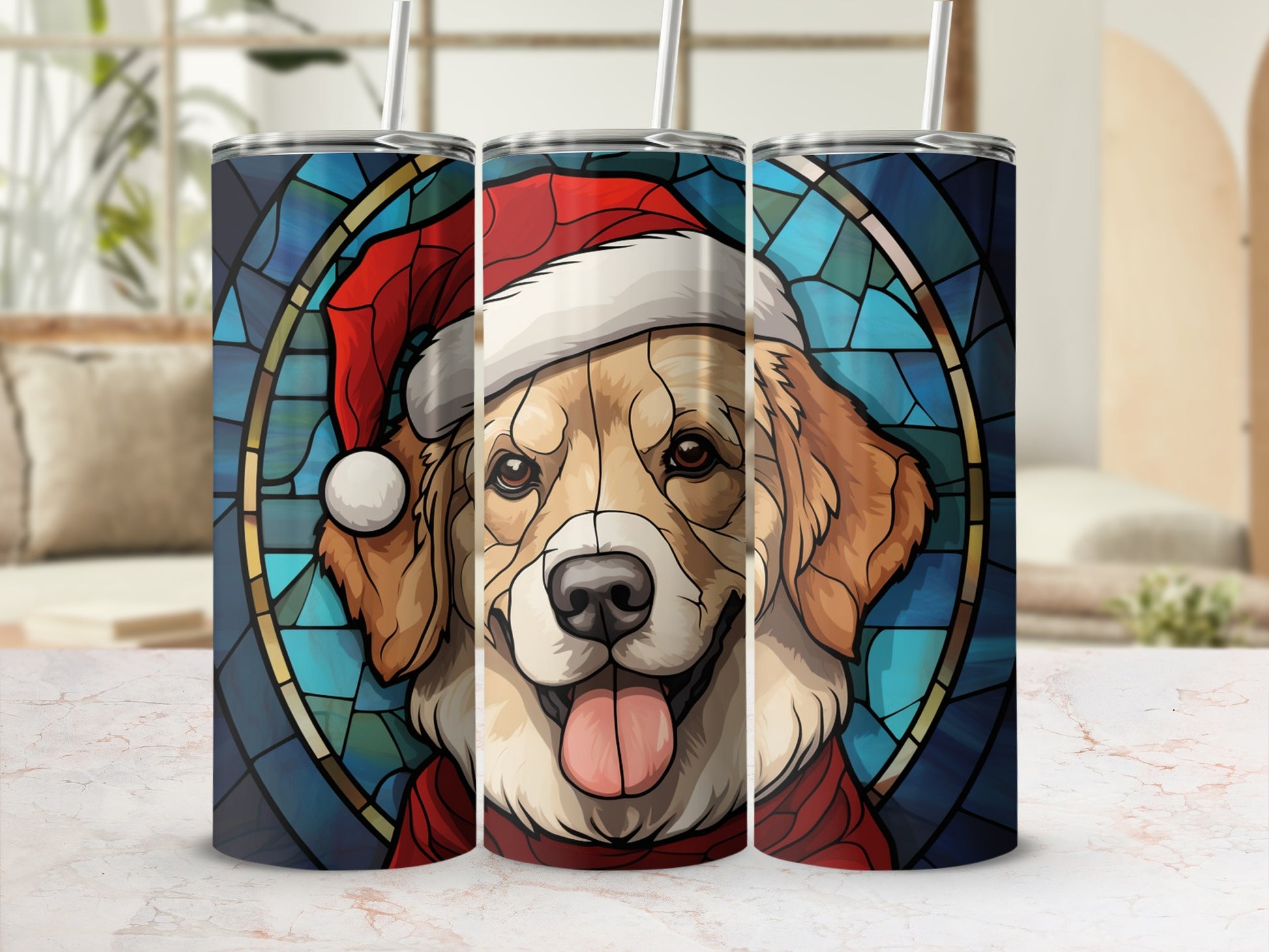 Golden retriever dog wearing Santa hat against stained glass background.
